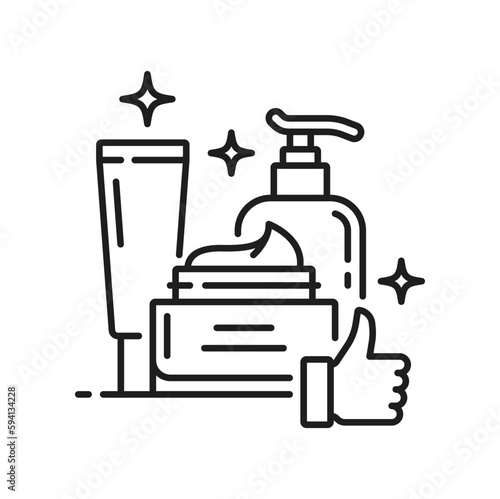 Skin care icons, face and hand cream or cosmetics bottles and containers, line vector. Skincare moisturizer tube, serum essence or body lotion with pump, facial cleanser, face wash or hair conditioner