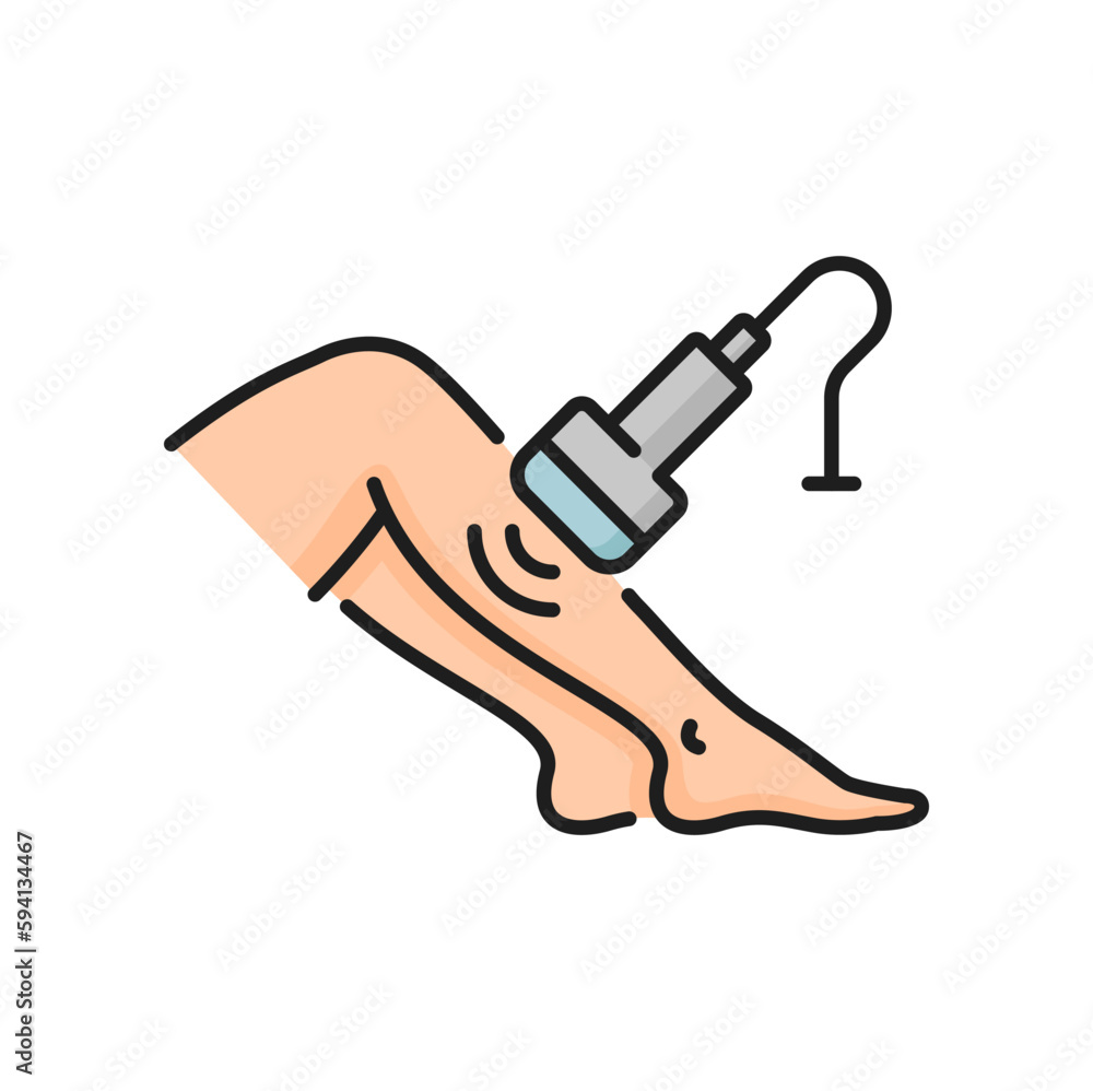 Ultrasound treatment, edema and swelling legs, phlebologist and laser. Vector women legs and portable device, diagnosis of thrombosis color line icon Ultrasound treatment, edema and swelling legs, phlebologist and laser. Vector women legs and portable device, diagnosis of thrombosis color line icon