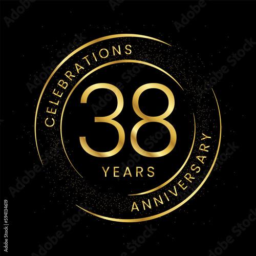38th anniversary, golden anniversary with a circle, line, and glitter on a black background.