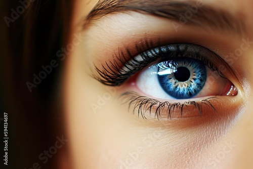 close-up view of a human eye with blue iris. Generative AI