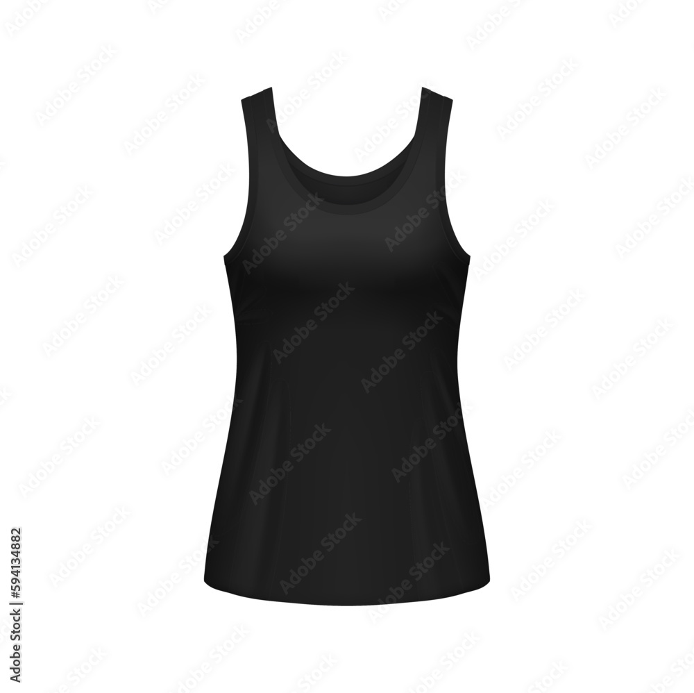 Woman black sleeveless tank top front view. Isolated vector realistic 3d female shirt or sports racerback singlet template. Garment, underwear mock up