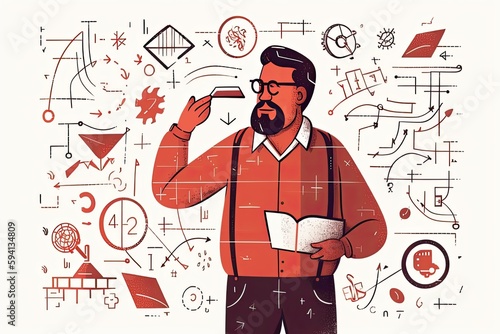 man standing in front of a wall covered in various symbols and signs. Generative AI