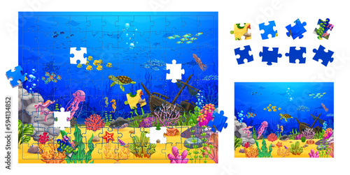 Jigsaw puzzle underwater landscape pieces. Cartoon sunken ship, turtle and fish shoal. Vector educational game worksheet for preschool children activity with funny sea animals and fell out image parts