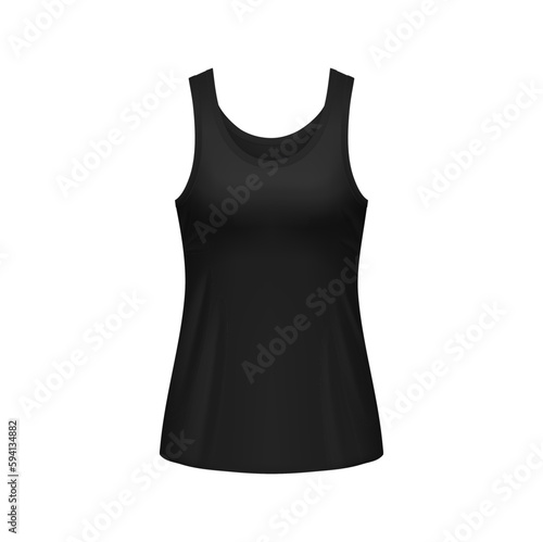 Woman black sleeveless tank top front view. Isolated vector realistic 3d female shirt or sports racerback singlet template. Garment, underwear mock up