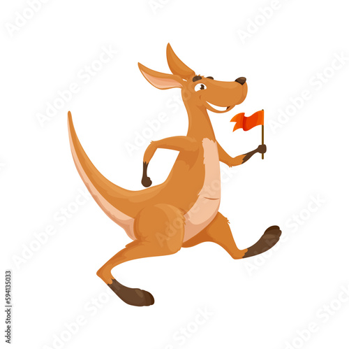 Cartoon kangaroo character with pennant. Isolated vector australian animal wallaby funny personage walk with red flag in hand. Smiling comic wallaroo mammal creature, zoo wildlife beast of Australia
