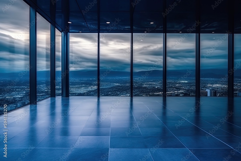 Fototapeta premium an empty room with a stunning panoramic view of the city skyline. Generative AI