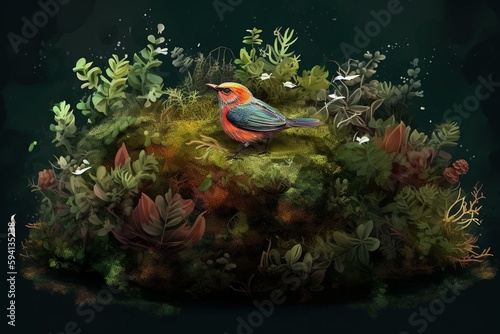 Bird surrounded by flora and fauna in a tiny ecosystem. Generative AI © David