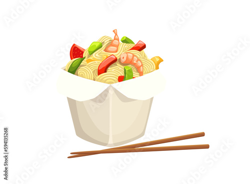 Cartoon wok noodles box with chopsticks, vector takeaway fast food of chinese cuisine. Takeout white paper container with asian seafood pasta, wok rice noodles or spaghetti with vegetables and prawns