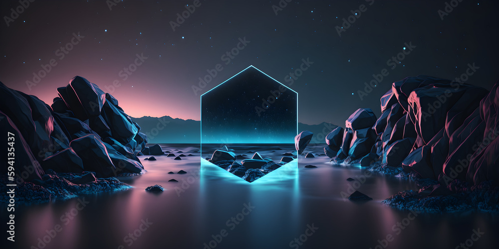 Neon glow futuristic landscape background or wallpaper. Neon abstract shape on a relaxing sunset backdrop. Futuristic theme with shape in a riverbed on a night sky. Generative A.I.