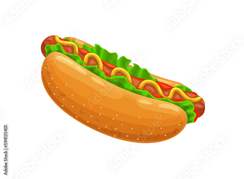 Cartoon chicken hot dog with sausage and bun. Vector fast food hotdog sandwich of bread roll, mustard and ketchup sauce, lettuce salad and chicken meat sausage or wiener. Fast food restaurant menu