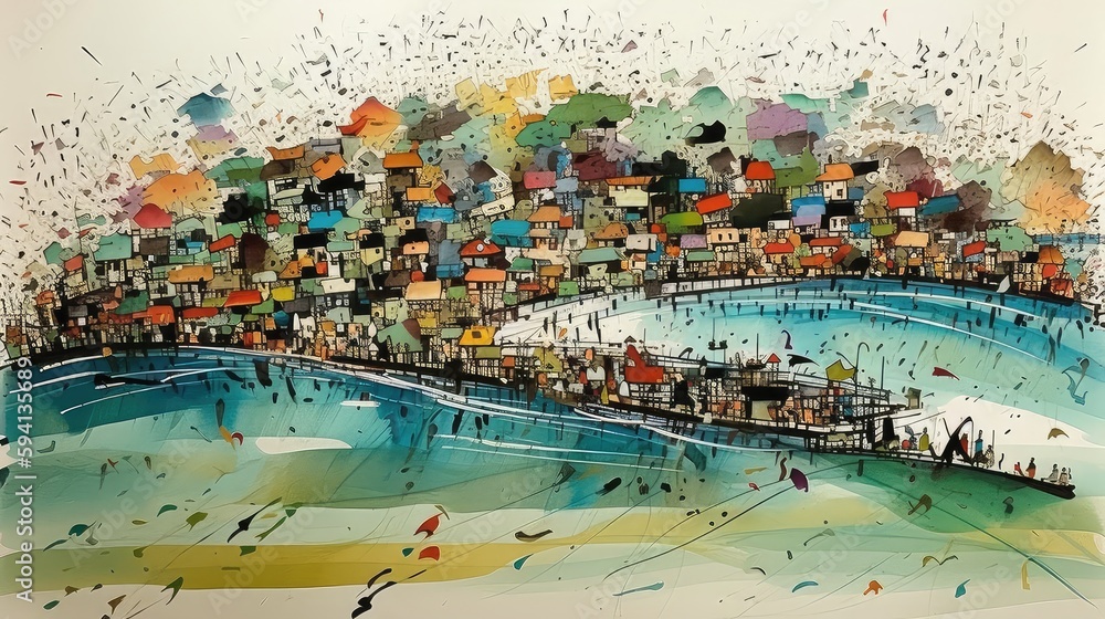 abstract expressive painting depicting the Asian city, expressive lines, busy compositions, algorithmic artistry, romantic riverscapes, colorful brushwork, colorful