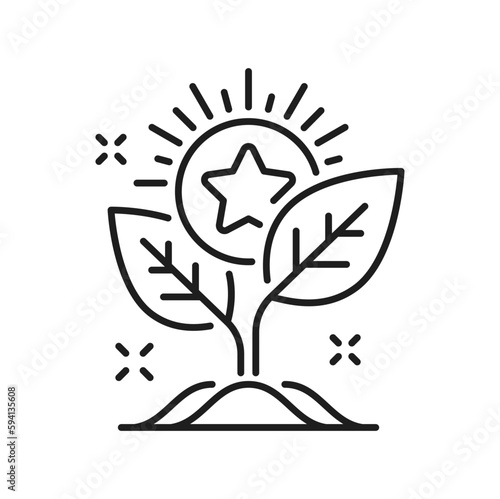 Plant with growing money coin isolated outline icon. Vector special prize, investment and business income concept, financial savings