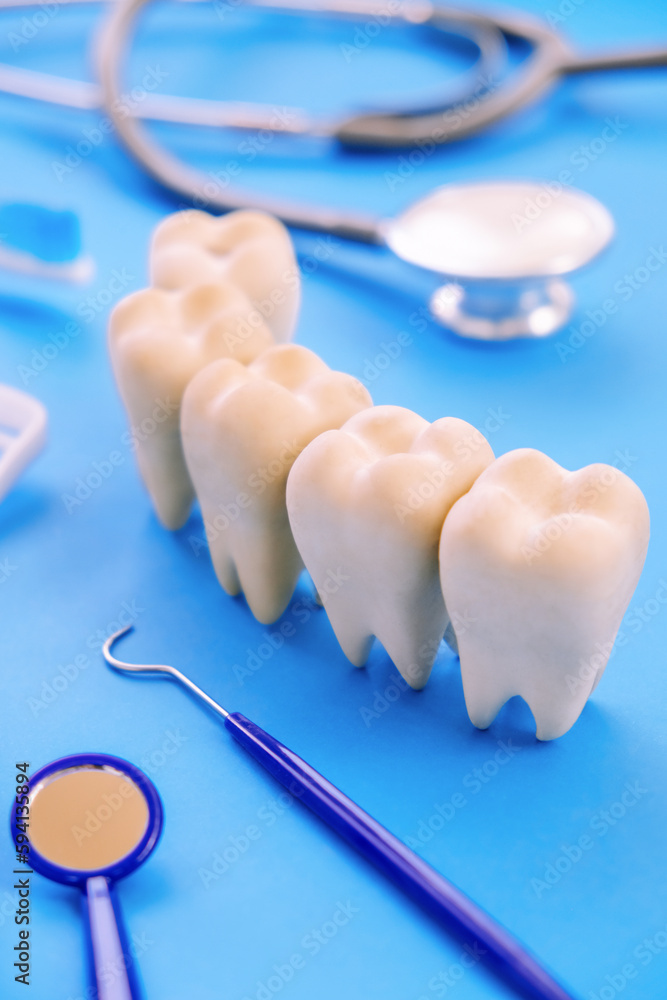 Dental model and dental equipment on blue background, concept image of