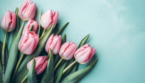 Beautiful composition spring flowers, Bouquet of pink tulips flowers on pastel blue background, Mother's Day, Flat lay, top view, Generative AI © NE97