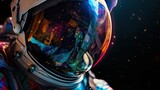astronaut in space with a shiny reflective helmet, glitch aesthetic, tilt-shift lenses, cyberpunk realism, bokeh effect, generative AI