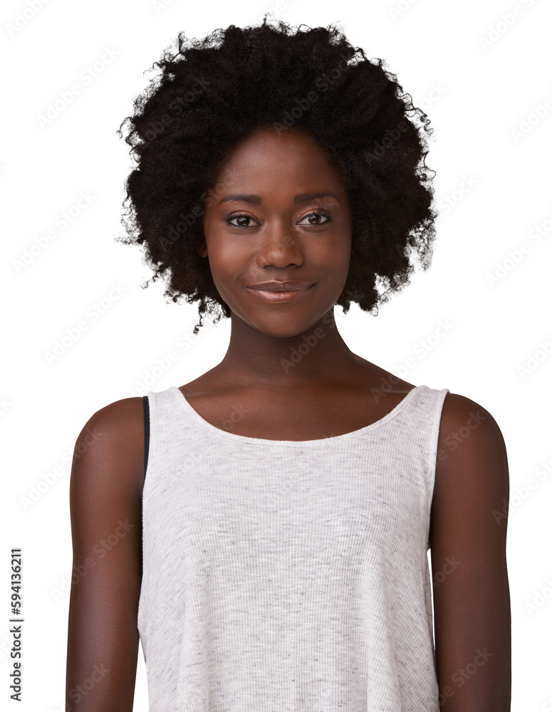 Beauty, happy and portrait of a black woman with an afro and natural, makeup and cosmetic face. Cosmetics, beautiful and young African female model with a smile isolated by transparent png background Beauty, happy and portrait of a black woman with an afro and natural, makeup and cosmetic face. Cosmetics, beautiful and young African female model with a smile isolated by transparent png background