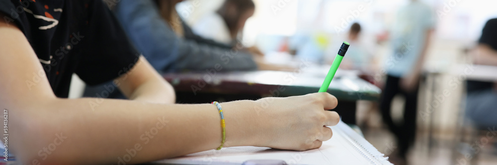 Obraz premium Smiling girl sitting at school desk and writing