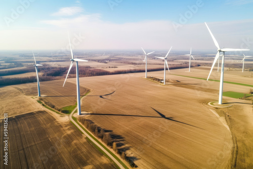 Large fields of wind power plants, view from above. Wind Turbines, Wind Energy Concept. High quality generative AI
