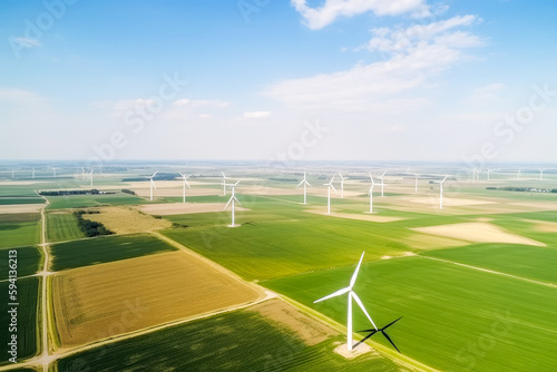 Large fields of wind power plants  view from above. Wind Turbines  Wind Energy Concept. High quality generative AI