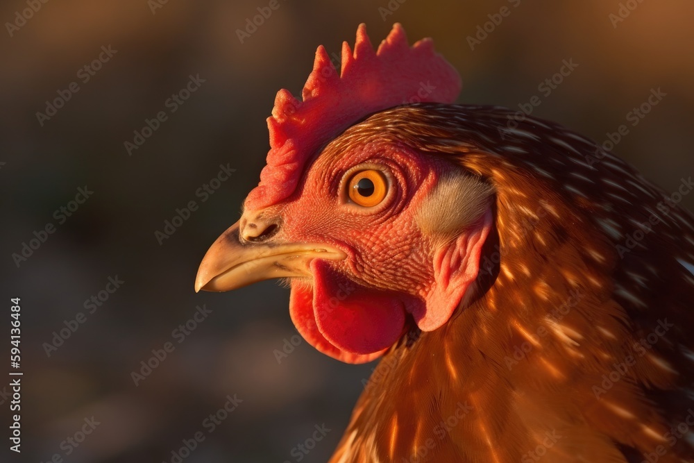 close-up view of a roosters head with blurred background. Generative AI