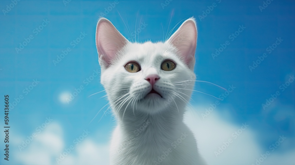 White Cat Looking Up Through Clouds, Blue Sky, Generative AI White Cat Looking Up Through Clouds, Blue Sky, Generative AI