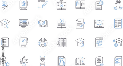 Dissertation and astronomy line icons collection. issertation, astronomy, thesis, research, stars, galaxies, black hole vector and linear illustration. supernova, cosmology, space outline signs set