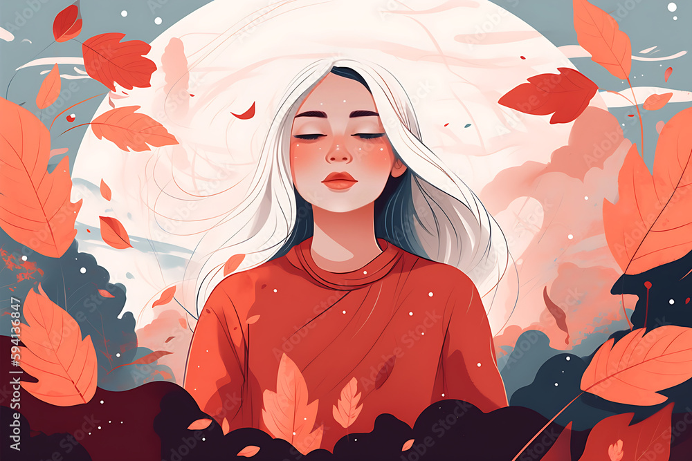 white long hair young woman closing eyes meditate in nature, moon background, healing body mind and soul, mental health awareness day concept, illustration, generative ai