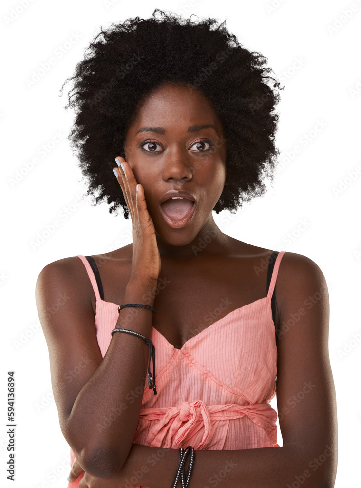 Black woman, face and surprise in portrait with shock and wow expression isolated on transparent, png background. Female reaction to news, notification or announcement, omg, emotion and mouth open Black woman, face and surprise in portrait with shock and wow expression isolated on transparent, png background. Female reaction to news, notification or announcement, omg, emotion and mouth open