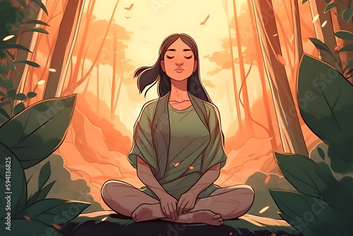 young woman meditate in nature, healing body mind and soul, mental health awareness day concept, illustration, generative ai