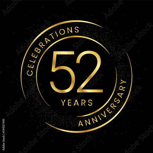 52th anniversary, golden anniversary with a circle, line, and glitter on a black background.
