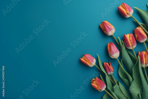 Spring tulip flowers on blue background top view in flat lay style, Greeting for Womens or Mothers Day or Spring Sale Banner, Generative AI