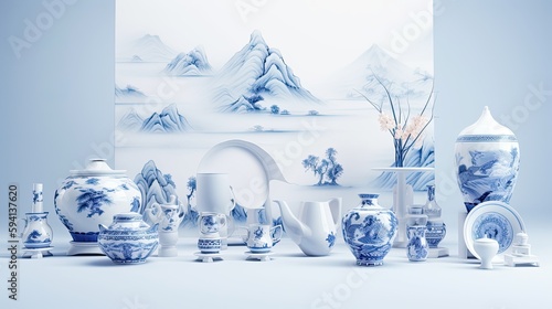 Blue and White Vases and Bowls in Surreal 3D Landscape Style - Traditional Chinese Kitchen Still Life, Generative AI