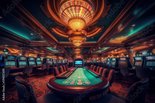 Luxury casino interior with lots of slot machines. AI generated  human enhanced.