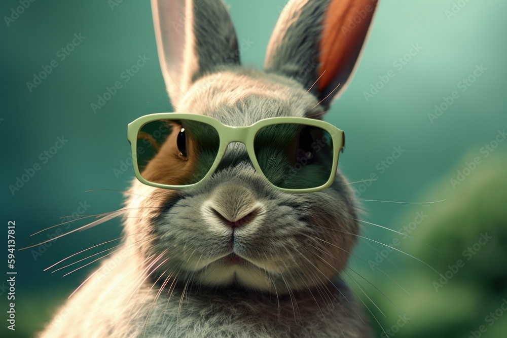 Funny cute bunny in sunglasses with happy emotion. AI generated, human enhanced