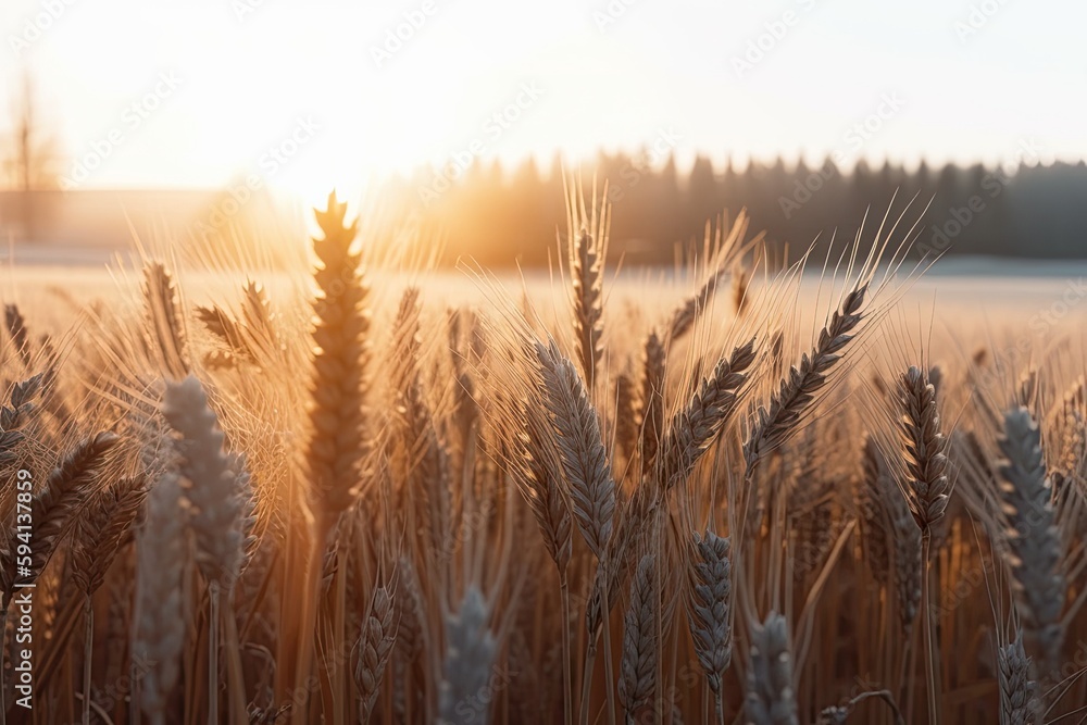 golden wheat field with a vibrant sunset in the background. Generative AI golden wheat field with a vibrant sunset in the background. Generative AI