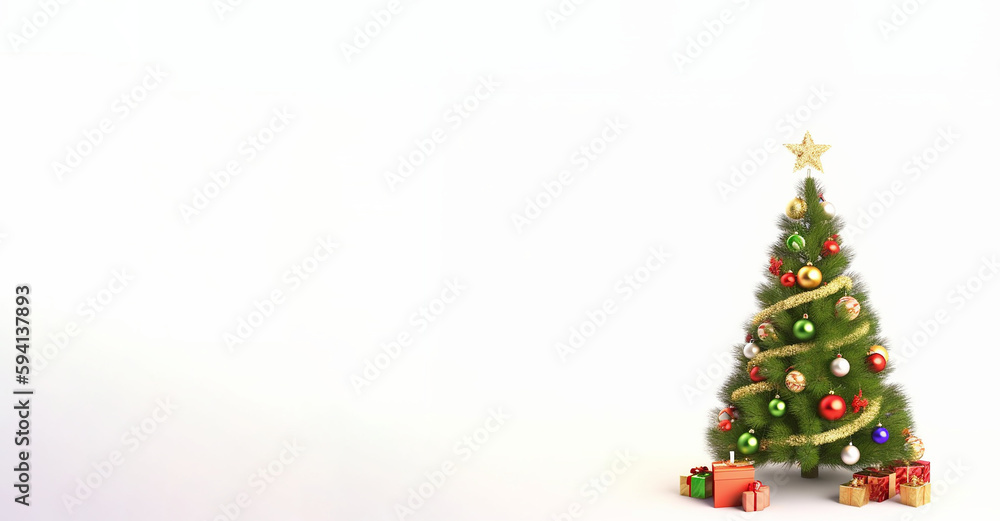 Christmas tree iagainst a white wall with presents, room for text or copy Christmas tree iagainst a white wall with presents, room for text or copy