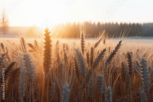 golden wheat field with a vibrant sunset in the background. Generative AI