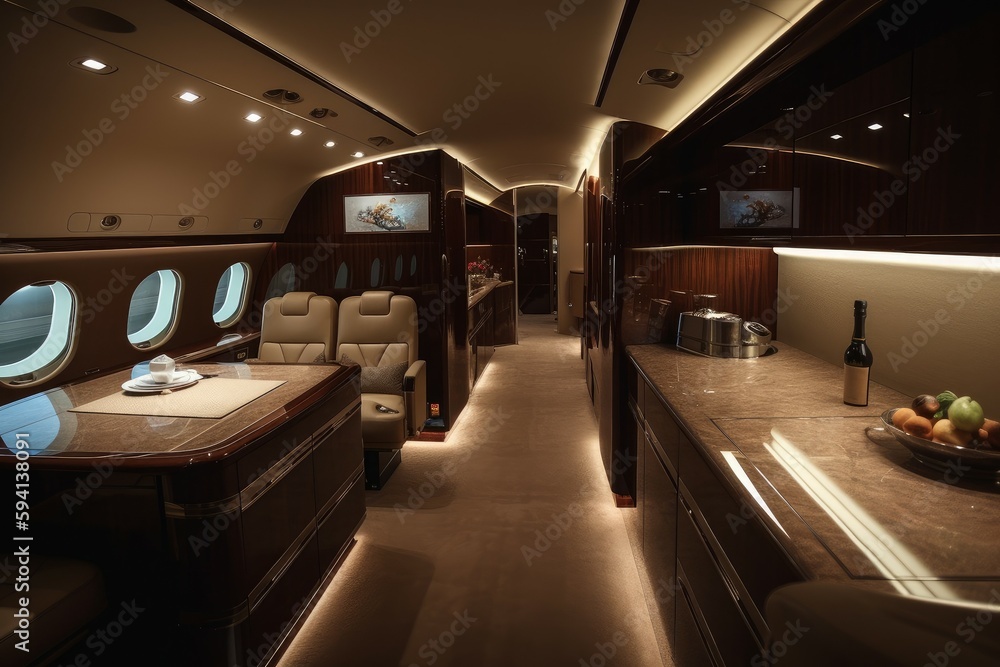 Luxury interior in the modern business jet. Travel concept. AI generated, human enhanced