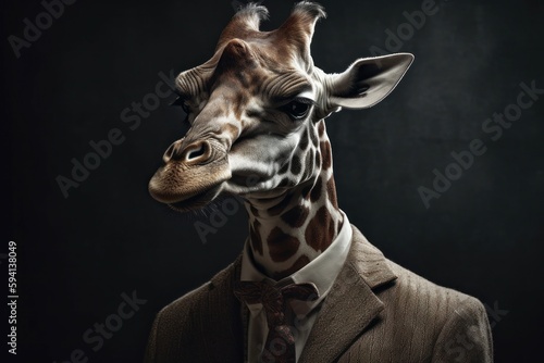 An anthropomorphic giraffe dressed in a business suit like a boss. AI generated, human enhanced © top images