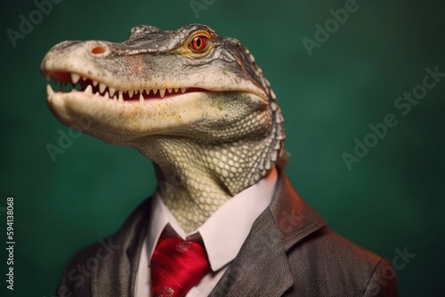 Anthropomorphic crocodile dressed in a suit like a businessman. business concept. AI generated  human enhanced
