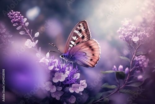 Romantic natural floral background with a butterfly on flower with bokeh  close-up macro. AI generated  human enhanced