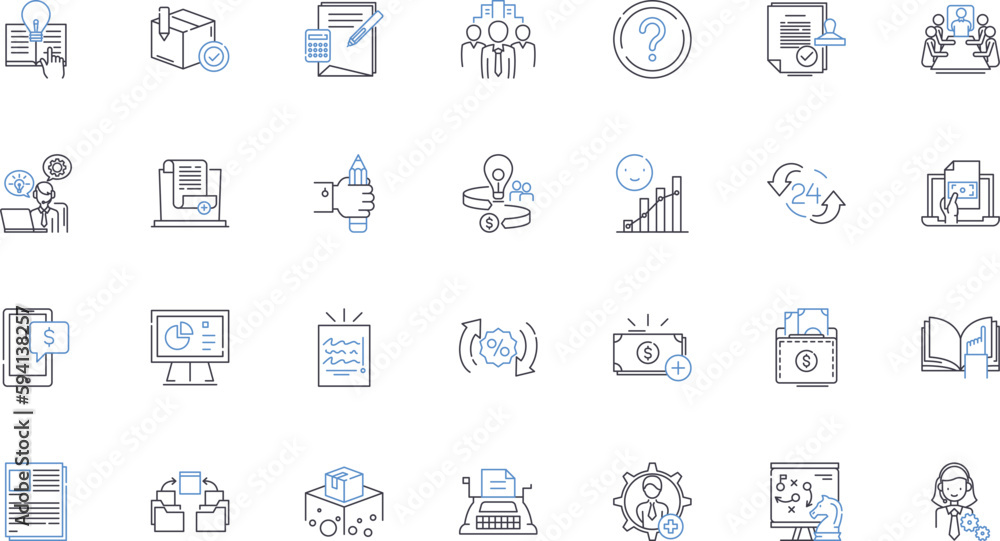 Loan office line icons collection. Funding, Finance, Credit, Interest, Mortgage, Collateral, Application vector and linear illustration. Assets,Liabilities,Approval outline signs set