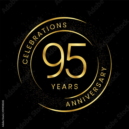 95th anniversary, golden anniversary with a circle, line, and glitter on a black background.