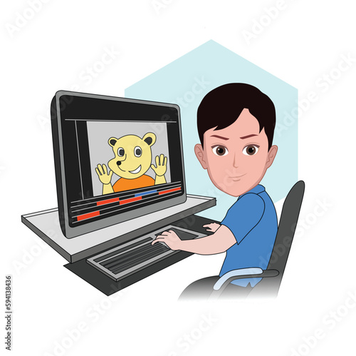 cartoon caricature character of an animator working in front of a computer with a timeline view and a cartoon animated film project. Vector isolated illustrations.