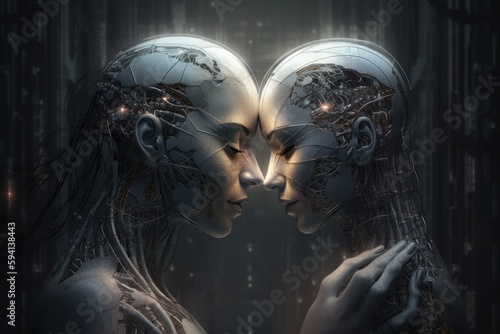 Two robots show each other feelings. Love robots concept. AI generated, human enhanced © top images