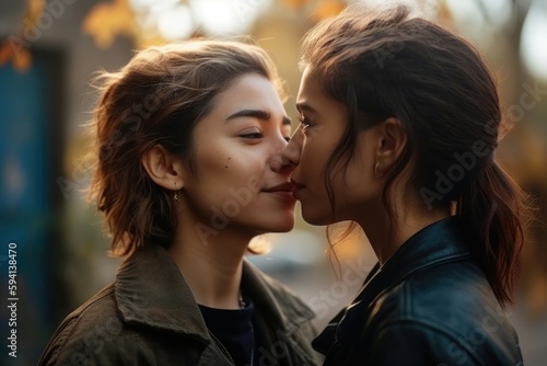 Young lesbian couple in their moment of intimacy at night in the street. AI generated, human enhanced