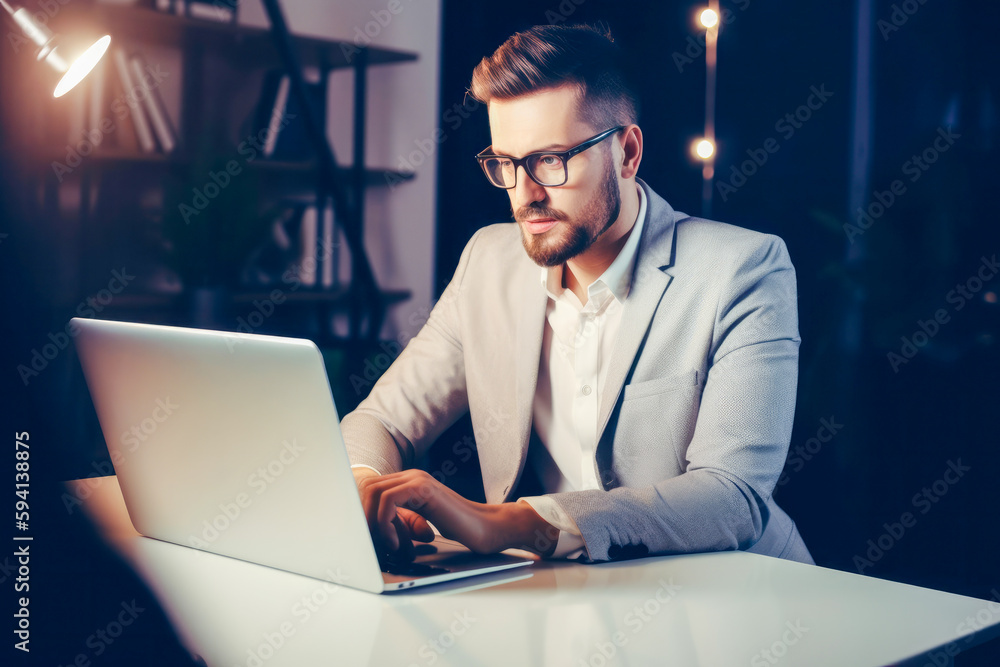 Man doing work in office at late hours, High quality generative AI Man doing work in office at late hours, High quality generative AI