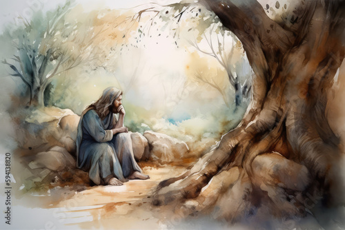 Watercolor Illustration of a Jesus Christ Praying In The Garden Of Gethsemane Painting, generative AI