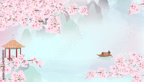 Ink style cherry blossom background image, distant mountains, Chinese gazebo and awning boat