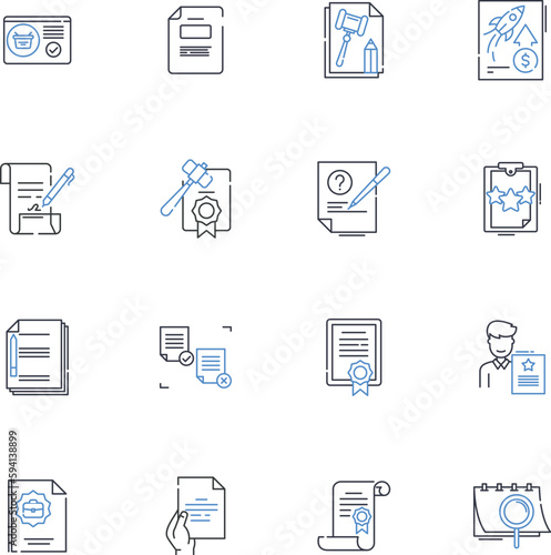 Document line icons collection. Record, File, Report, Text, Manuscript, Manuscript, Script vector and linear illustration. Writings,Paper,Thesis outline signs set